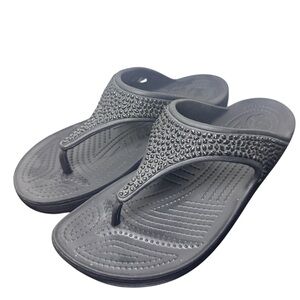 Crocs Sandals Womens 10 Sloane Embellished Flip Flop Black Toe-Post Wedge 204181